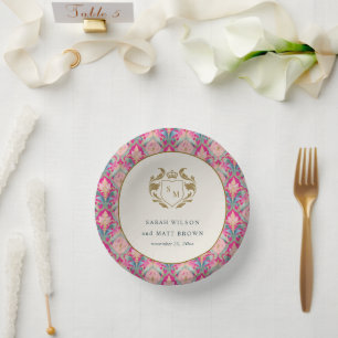 Cuencos De Papel Boda Ornate Hot Pink Gold Classy Floral Laurel