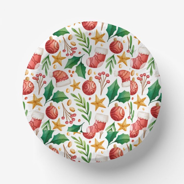 Cuencos De Papel Bombillas rojas, piezas de poinsettia y nuez de na (Anverso)