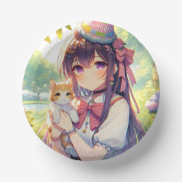 Cuencos De Papel Bonito Anime Holding Cumpleaños del Chica Gatito