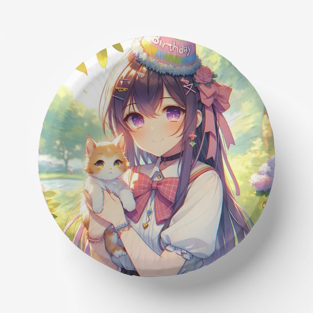 Cuencos De Papel Bonito Anime Holding Cumpleaños del Chica Gatito (Anverso)