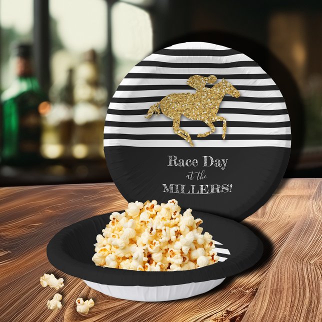 Cuencos De Papel Caballo de oro Bandas blancas negras (Gold racehorse on black and white stripes paper bowls)
