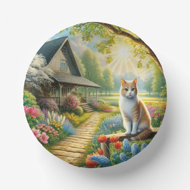 Cuencos De Papel Cabaña de primavera/jardín y gato (Anverso)