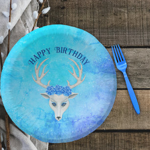 Cuencos De Papel Cabeza de ciervo blanco Ojos azules Rosas Antlers