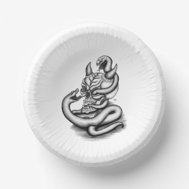 Cuencos De Papel Calavera - Cabeza malvada con serpiente (Anverso)