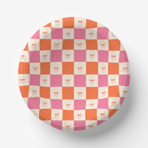 Cuencos De Papel Calaveras de tablero de ajedrez en rosa, Naranja y