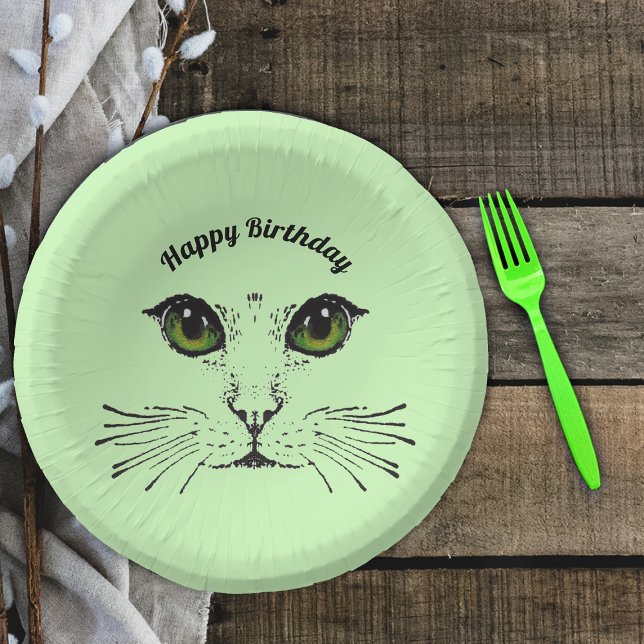 Cuencos De Papel Cara de gato de cumpleaños en sacudidas de ojos ve (Face of cat drawn in black with intense green eyes and whiskers on green Happy Birthday paper bowl.)