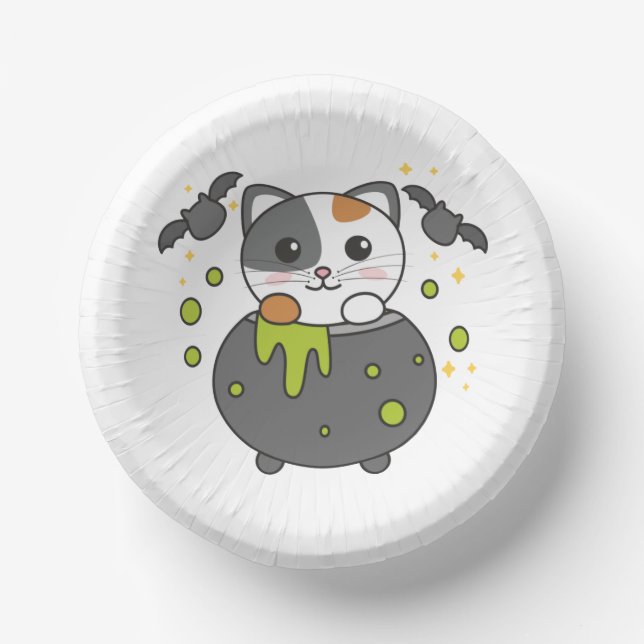 Cuencos De Papel Cat Happy Halloween Cauldron Bat (Anverso)