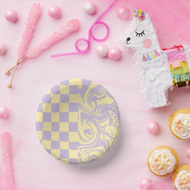 Cuencos De Papel Cheques y Swirls - Amarillo Pastel y Púrpura (Fiesta)