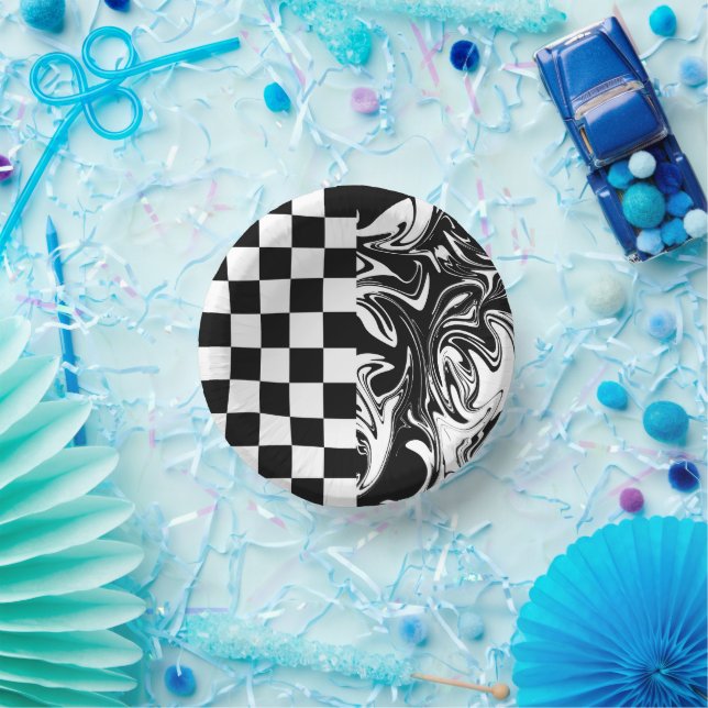 Cuencos De Papel Cheques y Swirls - Blanco y negro (Fiesta)