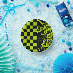 Cuencos De Papel Cheques y Swirls - Lime Green y Black