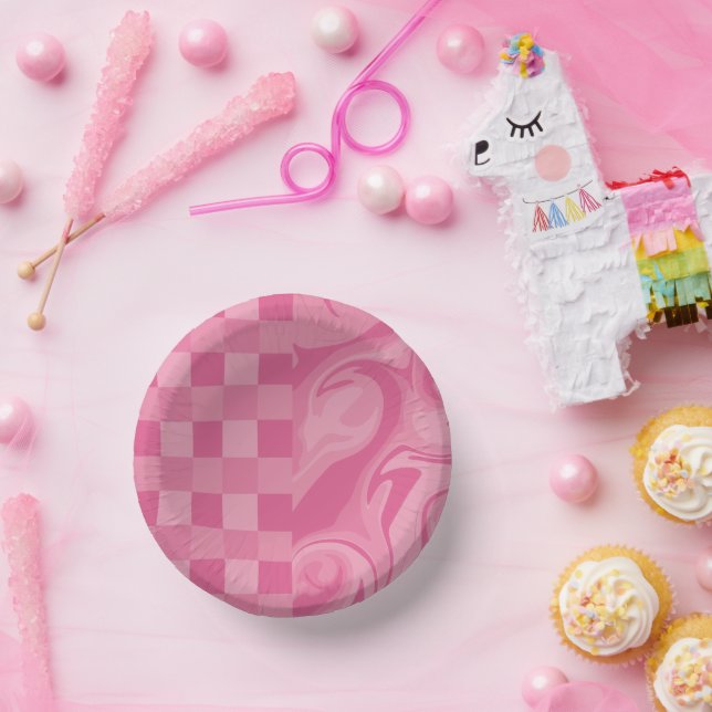 Cuencos De Papel Cheques y Swirls - Rosa (Fiesta)