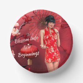 Cuencos De Papel Chica chino de Año Nuevo con un paraguas rojo