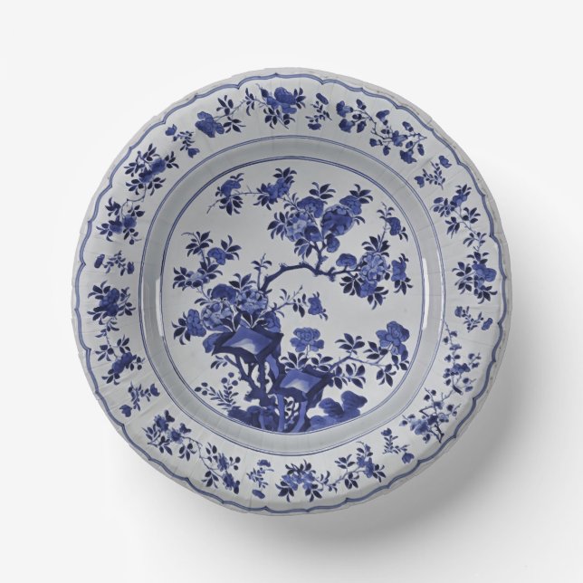 Cuencos De Papel Chinoiserie azul Floral Faux China (Anverso)
