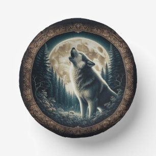 Cuencos De Papel Clásico, lobo vintage y luna
