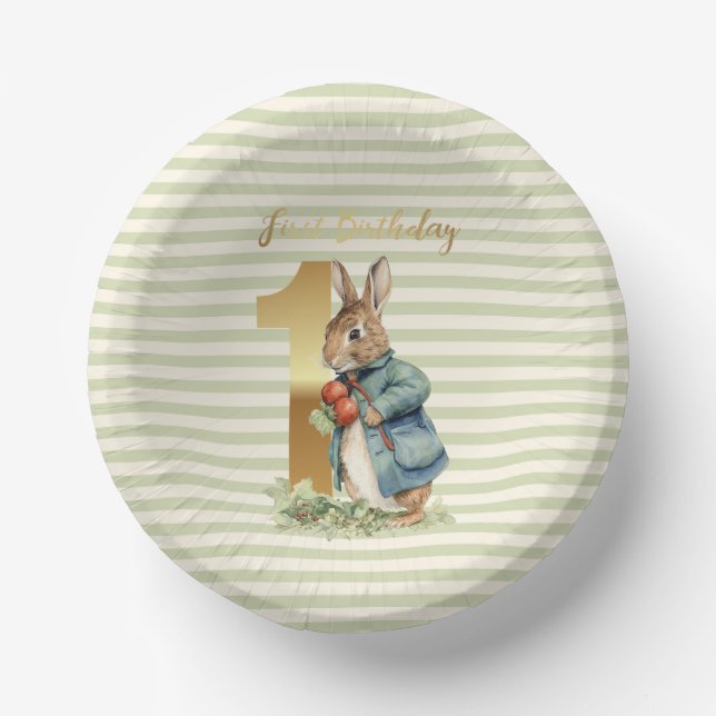 Cuencos De Papel Conejo de primer cumpleaños sosteniendo verduras (Anverso)
