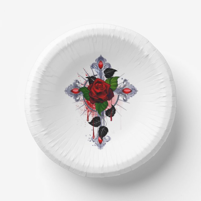 Cuencos De Papel Cruz de Plata con una Rosa Roja (Anverso)