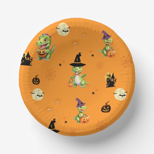 Cuencos De Papel Cuidados trucos de calabaza de dinosaurio para tra (Anverso)
