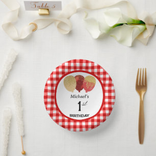 Cuencos De Papel Cumpleaños elegante de 1 año con Gingham Rojo y Gl