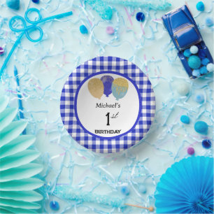 Cuencos De Papel Cumpleaños elegante de gingham azul y globos 1 