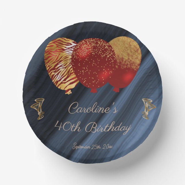 Cuencos De Papel Cumpleaños Elegantes Globos de Oro y Brillo Rojo (Anverso)