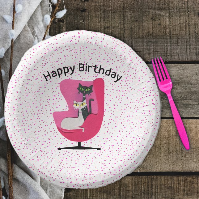 Cuencos De Papel Cumpleaños Gatos Al Estilo De Mediano Siglo Pink C (Elegant cats in mid century style sitting in pink chair on Happy Birthday white with pink dots bowl.)