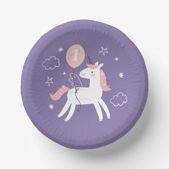 Cuencos De Papel Cumpleaños morado y rosa de la unicornio (Anverso)