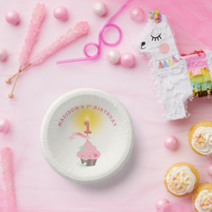 Cuencos De Papel Cumpleaños número 1 de la niña del pastelito rosa