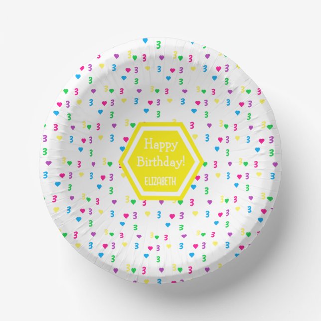 Cuencos De Papel Cumpleaños número 3 de Rainbow Hearts (Anverso)