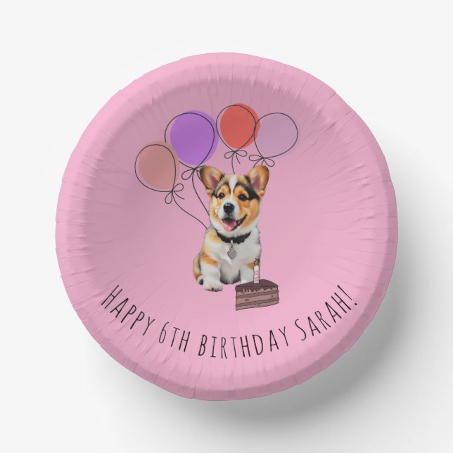 Cuencos De Papel Cumpleaños personalizable de adorable Corgi rosa (Anverso)