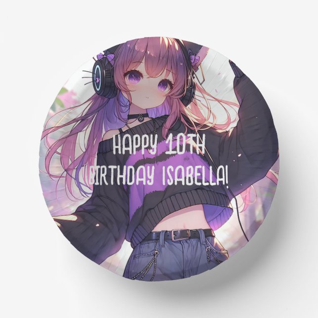Cuencos De Papel Cumpleaños Personalizado del Chica bonito Anime (Anverso)