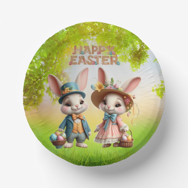 Cuencos De Papel Cuta, caprichosa Pascua feliz con 2 conejos (Anverso)