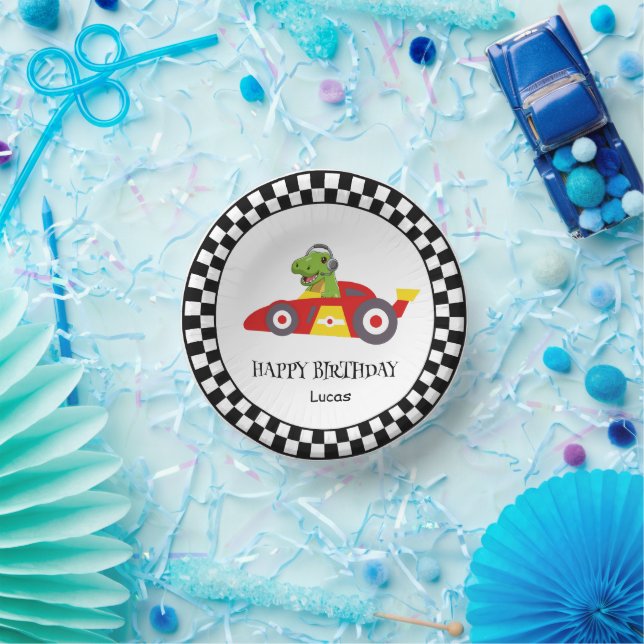 Cuencos De Papel Cute Dinosaur Birday racing car boy nombre (Fiesta)