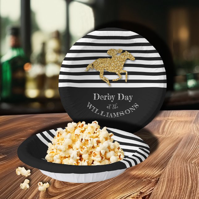Cuencos De Papel Derby Racehorse Bandas Blancas Negras (Derby Gold Racehorse on Black and White Stripes Paper Bowls)
