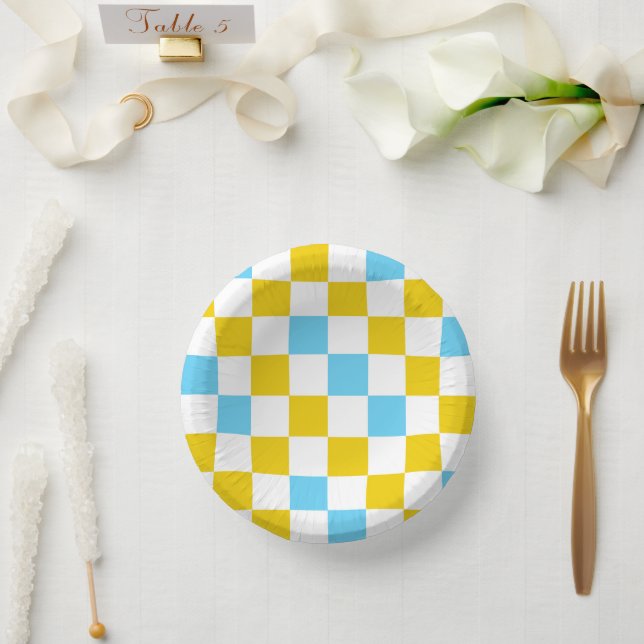 Cuencos De Papel Diseño a cuadros amarillo blanco azul (Boda)