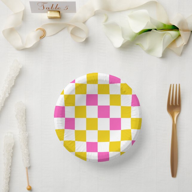 Cuencos De Papel Diseño a cuadros amarillo blanco rosa (Boda)
