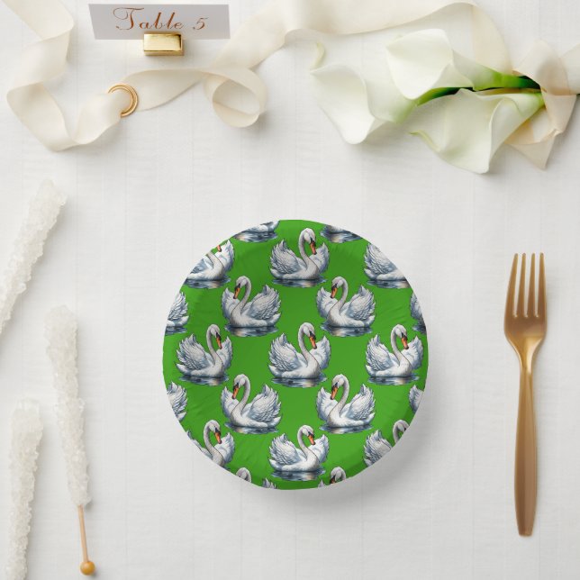 Cuencos De Papel Diseño de patrón de cisnes sobre verde (Boda)