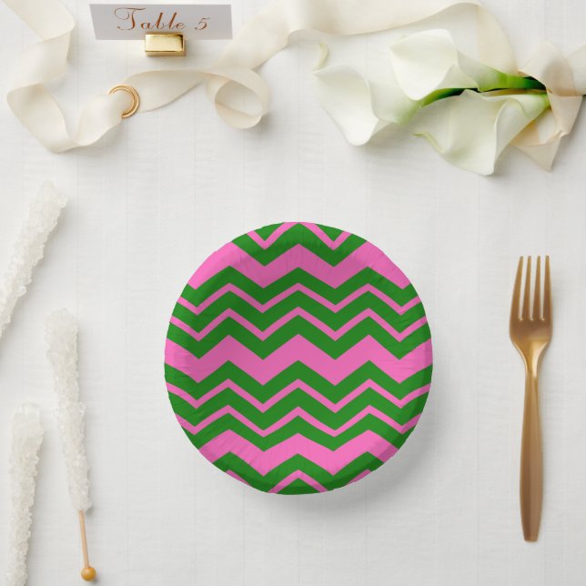 Cuencos De Papel Diseño de zigzag de Chevron verde rosa  (Boda)