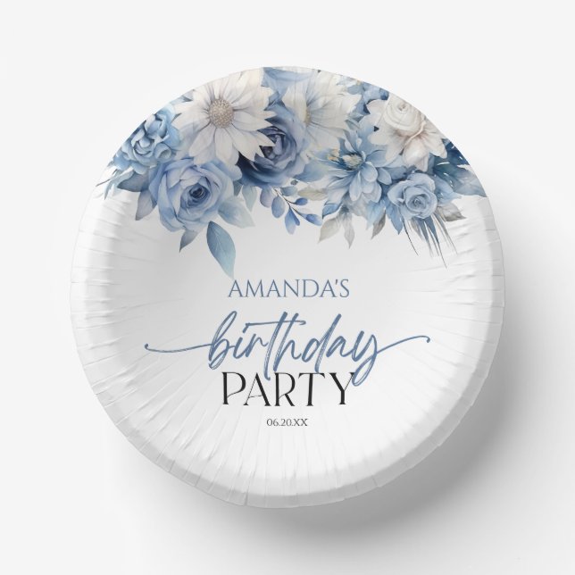 Cuencos De Papel Dusty Blue Floral Flowday Party (Anverso)