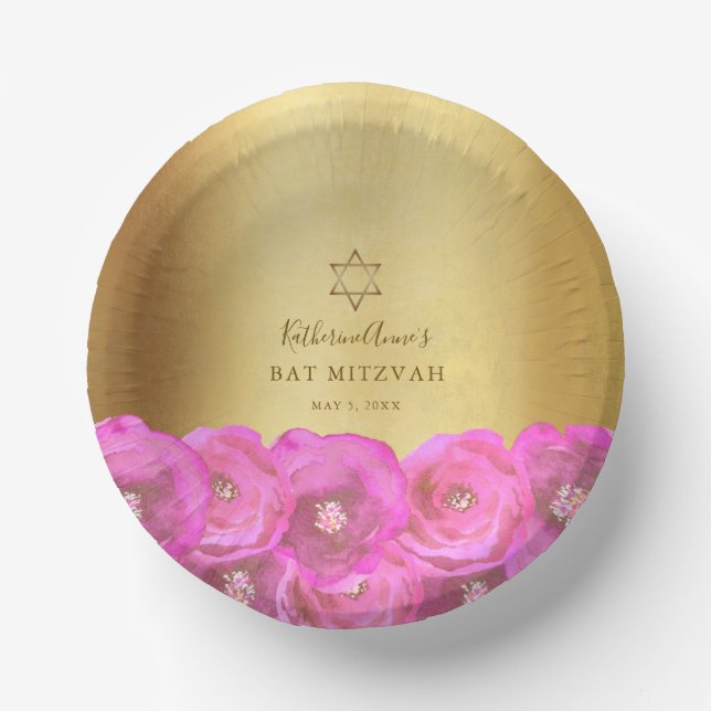 Cuencos De Papel Elegant Pink Rose Floral Gold Bat Mitzvah (Anverso)