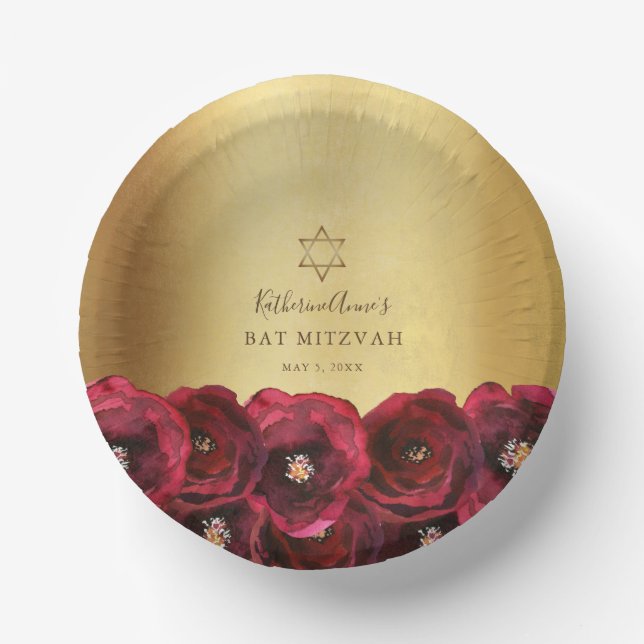 Cuencos De Papel Elegant Red Rose Floral Gold Bat Mitzvah (Anverso)
