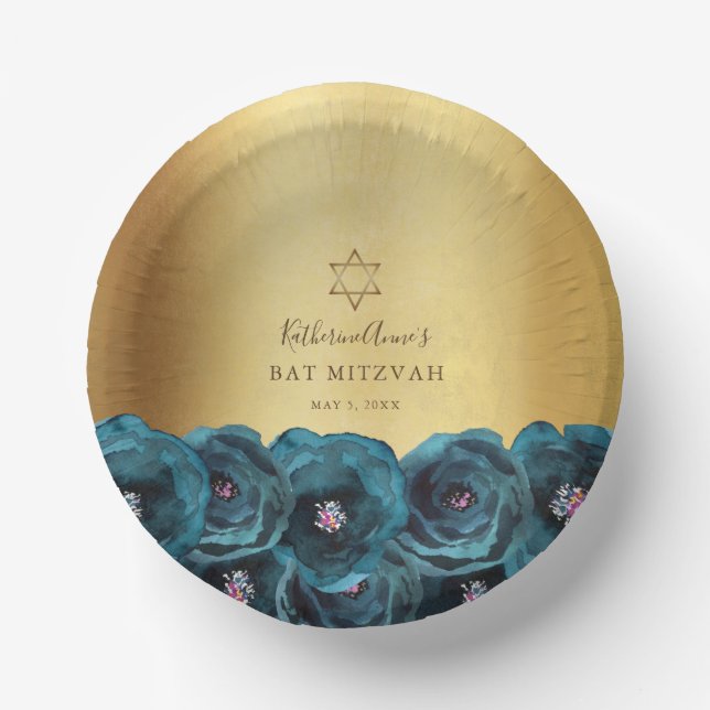 Cuencos De Papel Elegant Teal Rose Floral Gold Bat Mitzvah (Anverso)