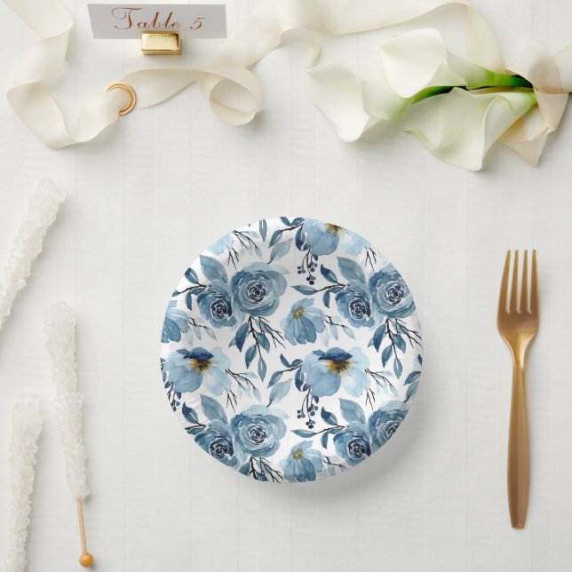 Cuencos De Papel Elegante Floral Azul con Follaje y Fiesta Blanca (Boda)