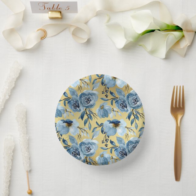 Cuencos De Papel Elegante floral azul y gradiente dorado (Boda)