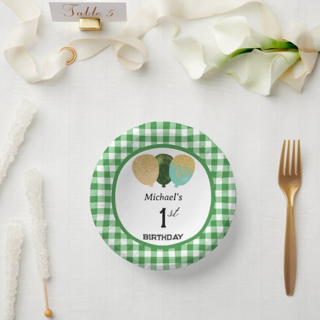 Cuencos De Papel Elegante Green Gingham & Balloons Primer cumpleaño (Boda)