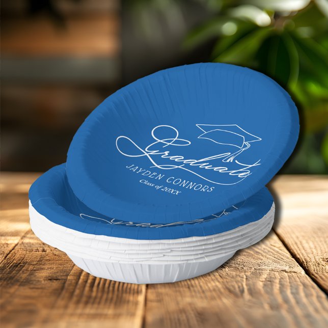 Cuencos De Papel Elegante guión y azul grad Cap (Elegant Graduate script and grad cap on blue paper bowls)
