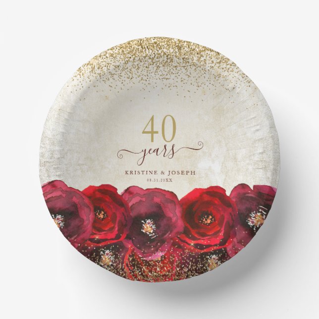 Cuencos De Papel Elegante Red Rose Floral Gold 40 Aniversario (Anverso)