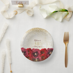 Cuencos De Papel Elegante Red Rose Floral Gold Fiesta de cumpleaños