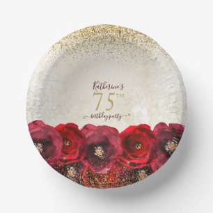 Cuencos De Papel Elegante Red Rose Floral Gold Fiesta de cumpleaños