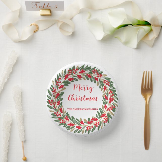 Cuencos De Papel Elegante Red Wreath Holly Berries Navidades Green (Boda)