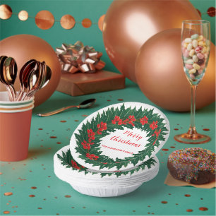 Cuencos De Papel Elegante Red Wreath Holly Berries Navidades Green